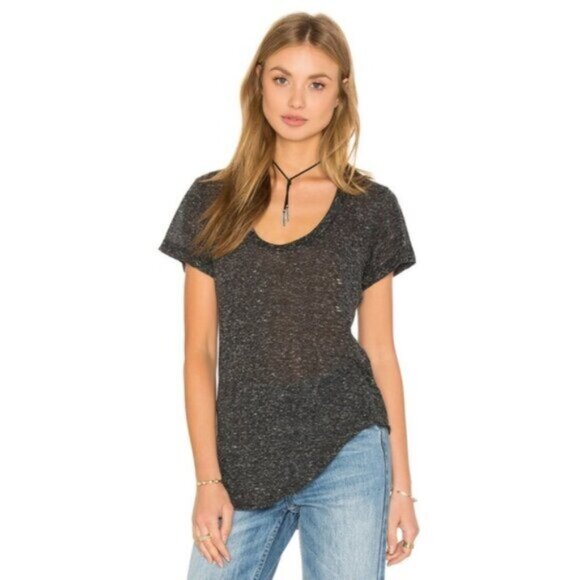 Revolve LNA Deep U Neck Tee T-Shirt Asymmetrical Hem Short Sleeve Heather Black - Picture 1 of 15
